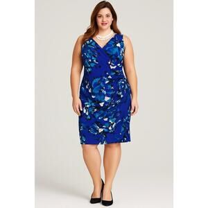 American Living Floral Ruched Dress | Size 14 | Blue Purple | Sleeveless Sheath
